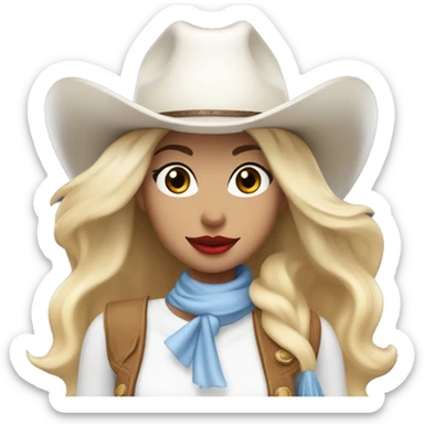 cowgirl with a white cowgirl hat and white scarf and blonde blowout with red lipstick and blue eyes and a dimple and a white top sticker