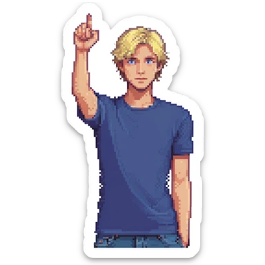 Flat pixel art, confident male leader, Caucasian, short neat blonde hair, sharp eyes, indigo T-shirt, one arm raised gicing direction, waist-up, front-facing sticker