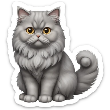 cinematic-[grey persian cat]-realistic-full-body-sitting-emoji,-tail-curled-playfully-around-its-paws,-head-tilted-dramatically,-fluffy-[grey]-fur,-simplified-yet-realistic-focused-features,-highly-detailed,-glowing-with-an-almost-sarcastic-glow sticker