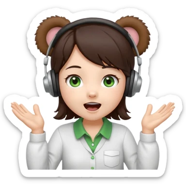Chibi girl, dark brown hair, green eyes, wearing a white shirt and small brown bear ears on a headset, with wide happy surprised eyes and mouth and clapping excitedly sticker