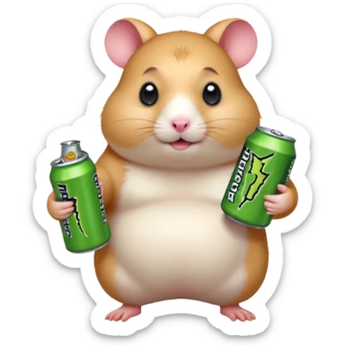 Funny cartoon-style fat hamster with big wide eyes  holding a can of monster energy in one hand and redbull in the other hand sticker