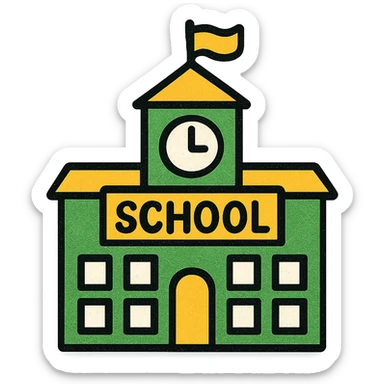 school building, minimalistic, green gold and white color scheme, clean lines sticker