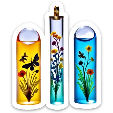 Create an icon that represents decorative arts using epoxy resin in tubes. The design should feature colorful tubes of resin, including fluorescent resin tubes, with visible drops or strokes of resin being applied to create intricate designs. Include finished resin jewelry pieces, such as pendants or rings, containing preserved flowers and insects encased in clear resin. The composition should feel vibrant, artistic, and delicate, showcasing the unique beauty of resin art with natural elements. The background should be transparent sticker