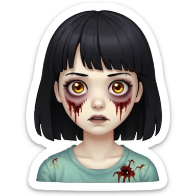 Zombie girl, black hair with bangs, slightly wavy, layered haircut, long eyelashes, black eyes. sticker
