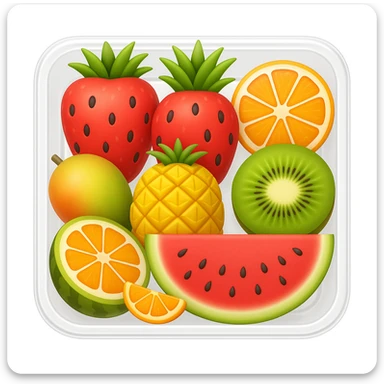 Change the box to a transparent container, keep the fruit platter arrangement the same, in the style of emoji (apple style emojis). sticker