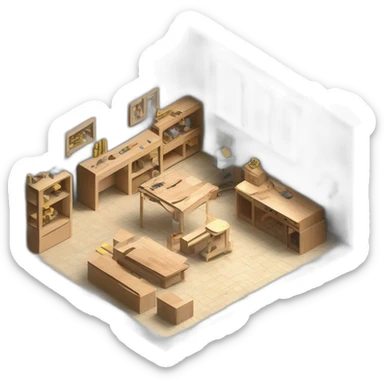 isometric transparent solid outline border containing indoor creative factory woodshop metalshop people active working cnc laser tools simple brutalist industrial makerspace concrete #edc31b  sticker