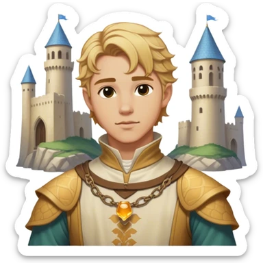 Medieval summer outfit worn by a DnD themed fantasy male character. Character has honey blonde hair swept back from the temples, reaching the nape of the neck with natural waves throughout. sticker