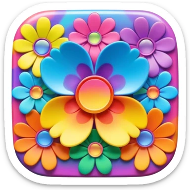 Beveled square shaped psychedelic colored button with rainbow colored hippie style 3D flowers in the center sticker