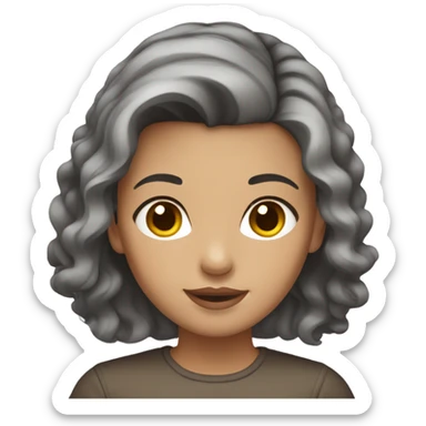 Girl with medium length brown hair with gray highlights, brown eyes and brown eyebrows sticker