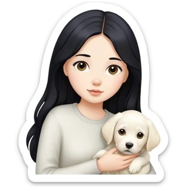 A beautiful girl with long black hair and fair skin is holding a white Labrador sticker