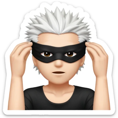 A person with spiky white hair taking off a black blindfold sticker
