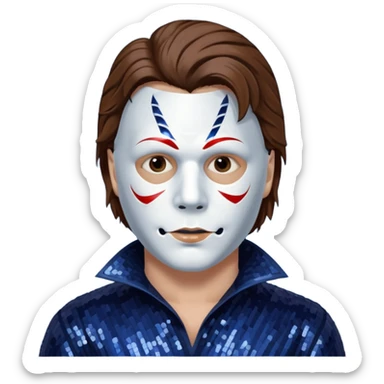 Michael Myers with white mask with brown hair, dark indigo sequin outfit  sticker