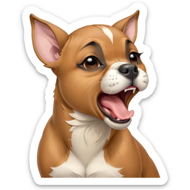 Cinematic Cute Yawning Fawn Boxer Portrait Emoji, Head tilted slightly with a dramatic, wide-open yawn, showcasing a short fawn coat with a crisp white muzzle and chest, floppy ears slightly drooping, round brown eyes barely open in drowsy contentment, Simplified yet irresistibly adorable features, highly detailed, glowing with a soft, cozy glow, high shine, relaxed yet expressive, stylized with a touch of whimsy, bright and endearing, soft glowing outline, capturing the essence of a sleepy yet affectionate guardian, so drowsy it feels like it could stretch right out of the screen and curl up for a nap! sticker