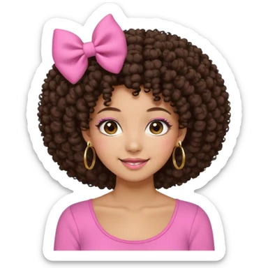 Naturally tan skin girl short darkBrown curly afropink shirt very long lashes hoop gold earrings Brown eyes gyaru smiling closed mouth cute non perfect circular afro. Pink bow hairclip sticker