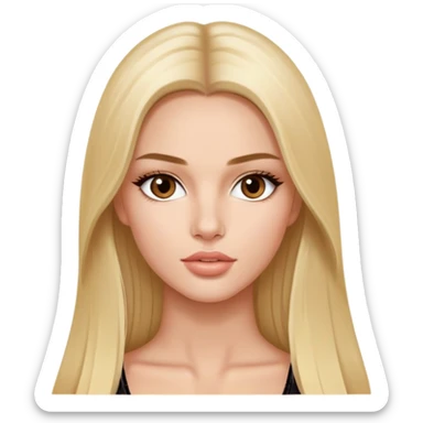 victoria’s secret model with long blonde straight hair, dark brown almond eyes, face oval shape, small lips sticker