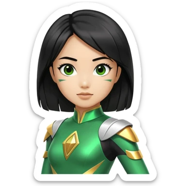 wasian girl in a green Power Ranger suit, black straight hair, black eyes sticker