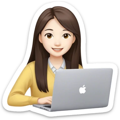 Long hair asian woman working on pale yellow laptop with brown eyes in zoom meeting  sticker