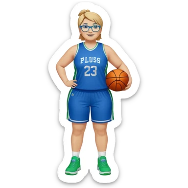 Full Body plus size white female basketball player with medium brown with blond hair with short spike hair wearing blue glasses 
With a small wide nose wearing blue green uniform  green sneakers smiling wearing silver hoop earring  sticker