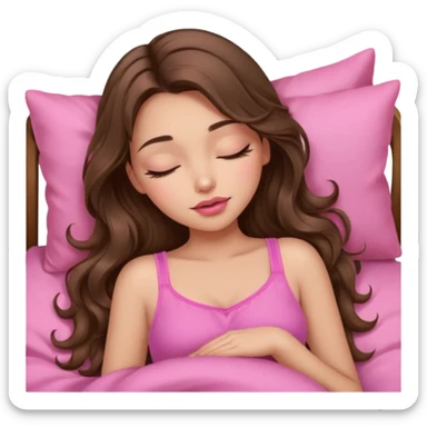 girl with long wavy brown hair, brown eyes, long lashes makeup, sexy pink lips, light to medium complexion, wearing a pink sexy top, sleeping sticker