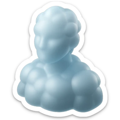 person made entirely of white fluffy convex clouds, shoulders up, front view, matte glass style sticker