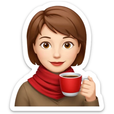 a middle age woman with brown short hair, having red scarf, drink coffee, enjoy sticker