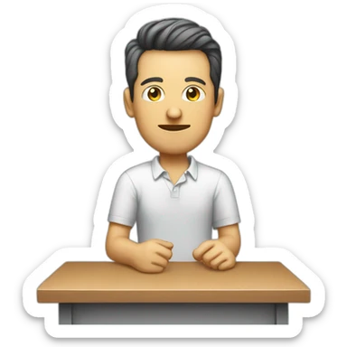 a white man a mic in his table, sitting, wearing shirt sticker