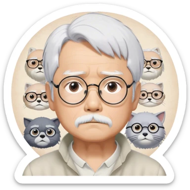 ​Cinematic Realistic Portrait of Hayao Miyazaki, depicted with striking white hair, defined black eyebrows, and large rectangular glasses, his thoughtful expression rendered in lifelike detail against a background of whimsical Studio Ghibli-inspired sketches, illuminated with soft, realistic lighting that emphasizes his creative genius, sticker