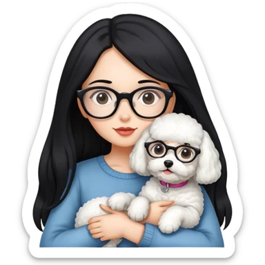 A girl with long black hair and glasses holding a bichon sticker