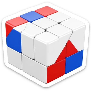 A scrambled 3x3 Rubik's Cube with only red, white, and blue colors, minimalist iOS emoji style, viewed from an angle sticker