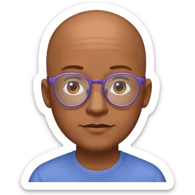 expressive Twitch emote of a cartoon-style character in an emoji-like art style. Bright colors, outlined, transparent background. Use the following face: male person in their early 30s, brown skin, bald, with glasses and a gentle face. sticker