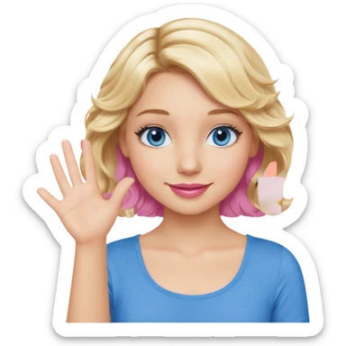 Girl Blonde short wavy hair,  blue eyes, cute blue top, long lashes, pink lips, smiling, one hand palm up side ways  sticker