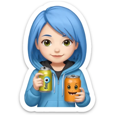 Chibi sticker of a woman with powder blue hair with white eyes hold a can of Monster with a smug smile; cozy style sticker