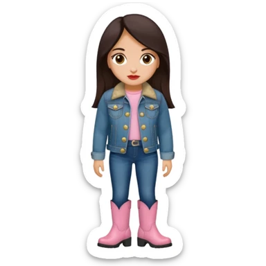 Gordita, ojos pequeños de color cafe oscuro, labios pequeños y rosados, piel trigueña, orejas pequeñas, cabello largo lazio y negro, pequeña. cuerpo completo. vestida con saco jean y botas sticker