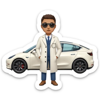 White tesla model 3 with a cool physician with sunglasses next to it sticker