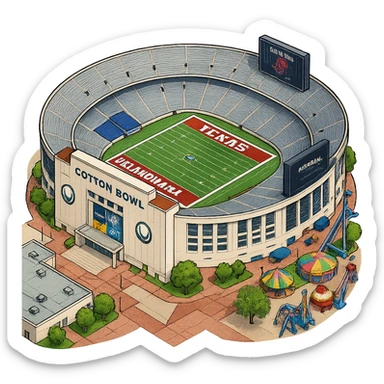 Изометричная, яркая, детализированная и фотореалистичная иллюстрация стадиона Cotton Bowl в стиле 3D-коллажей городов, насыщенные цвета, аккуратные и чёткие линии, мультяшно-реалистичная стилистика. Чёткие контуры, не размазанные линии, высокое качество, прозрачный фон, не обрезать края стадиона. sticker
