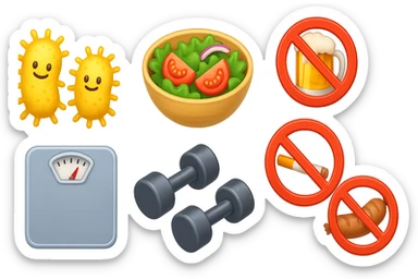 emoji stile iphone di: due batteri intestinali felici, una bowl di insalata, una bilancia pesapersone, manubri da palestra, e un boccale di birra con divieto 3d sopra, una sigaretta con divieto 3d sopra e un wurstel con divieto 3d sopra, fluttuano in aria, iperrealistico 4k sticker