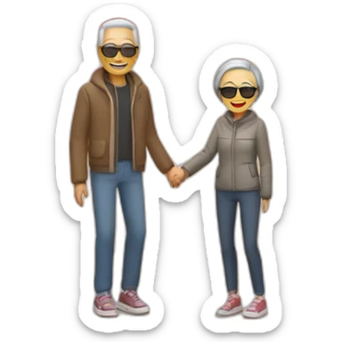 Happy skinny retired Chinese parents with sunglasses. Standing in a park in front of an red autumn tree sticker