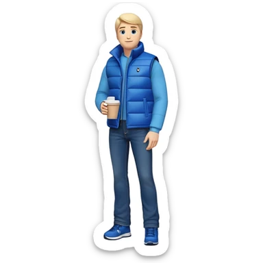 emoji full body man with long sleeve shirt with blue puffer winter vest with no pockets wearing straight long boot cut blue jeans with no cuffs and black tennis shoes holding a coffee mug in one hand directly in front of him at his chest and nothing in the other hand with his weight on one leg sticker