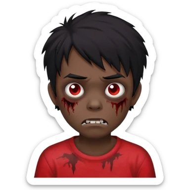 Boy, zombie, black hair, medium long, emo, shaggy, dark, spooky, creepy expression, red shirt. sticker
