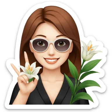 Professional sexy woman smiling holding lilies posing in shades  and flashing peace sign fingers sticker
