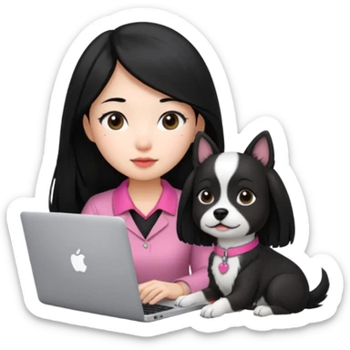 Asian girl with long black hair working on an Apple laptop, next to her is a small black and white dog with pink collar on  sticker