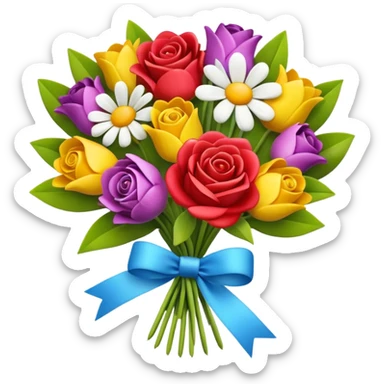 Apple-style 3D emoji of a colorful flower bouquet, tied together with a small ribbon, different bright flowers like roses, tulips and daisies, cheerful and elegant design, no background sticker