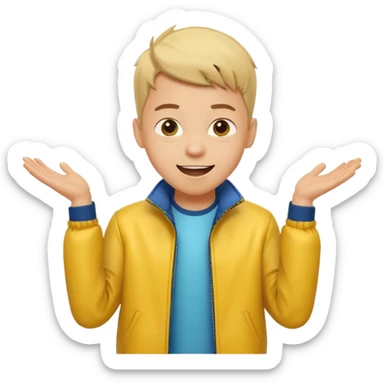 excited boy with good hair cut shrugging his shoulder, wearing yellow jacket and smile sticker