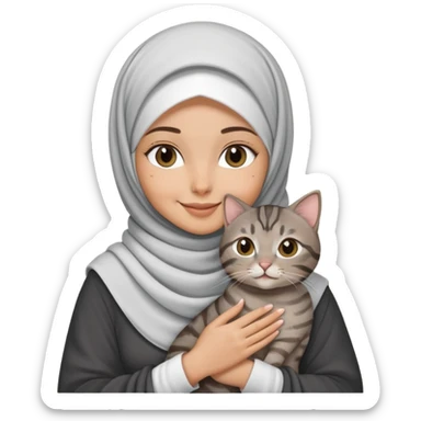 White girl wearing pretty hijab holding a black grey tabby cat while smiling sticker