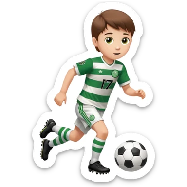 Celtic footballer jersey logo  6 years old brown hair white boy , brown eyes , stripes uniform , RUNNING  with soccer ball # 17 celtic football logo PUT ONLY ONE LOGO ONE CELTIC LOGO ONLY  sticker