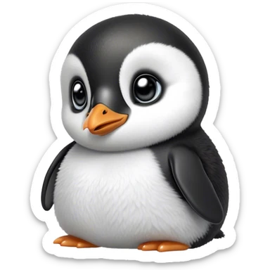 Cinematic Noble Baby Penguin Portrait Emoji, Poised with an air of innocent regality, featuring soft, downy feathers in crisp black and white and wide, soulful eyes, Simplified yet sharp and sophisticated features, highly detailed, glowing with a gentle, dignified polar glow, high shine, intelligent and charming, stylized with an air of cherubic majesty, focused and attentive, soft glowing outline, capturing the essence of a tiny arctic noble that feels as though it could waddle out of the screen with effortless authority! sticker