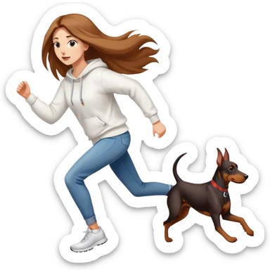 A beautiful girl with long hair wearing a white sweatshirt and jeans is running with a Doberman sticker
