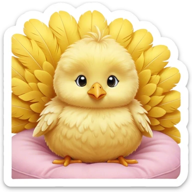 Cinematic round fluffy chick, golden yellow, tiny beak and feet, soft downy feathers, sparkling gentle eyes, sitting on a pastel-colored cushion, radiating warmth and sweetness. sticker
