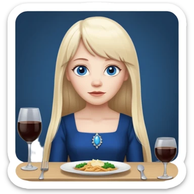 450 yr old white woman, pale skin, long straight blond hair parted in center, blue eyes, bangs, clothes for dinner sticker