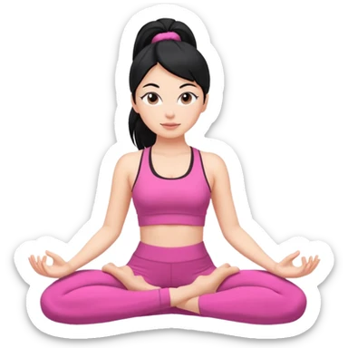 Una chica blanca con pelo negro recogido en una coleta haciendo yoga con un traje rosa  sticker